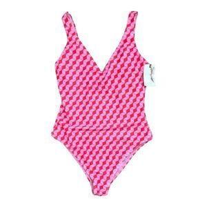 Jessica Simpson Pink Geometric One Piece Swimsuit V-Neck Plunge Small NWT